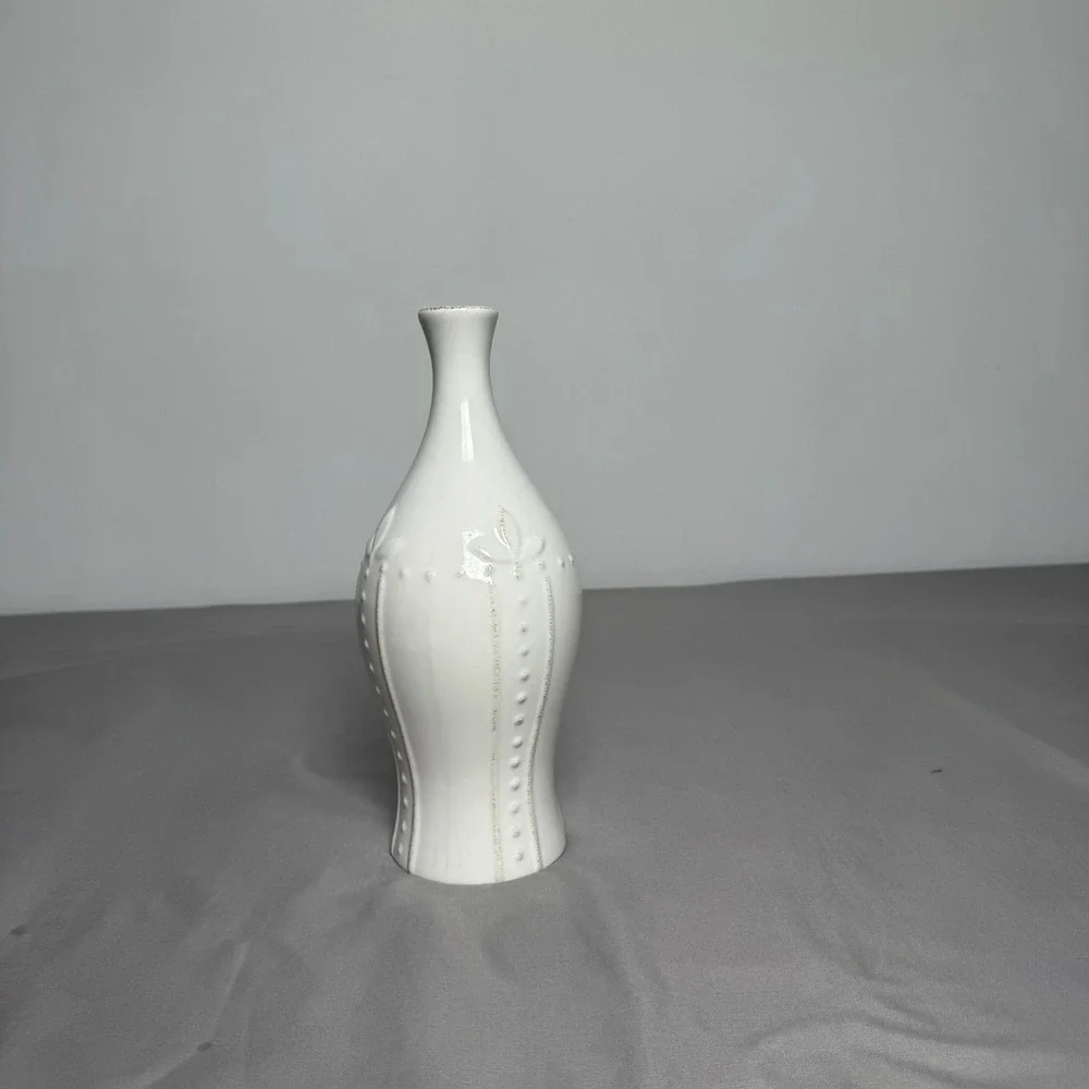 White Ceramic Bud Vase Embossed Floral Dotted Detail Iridescent Gloss 11.5 inch